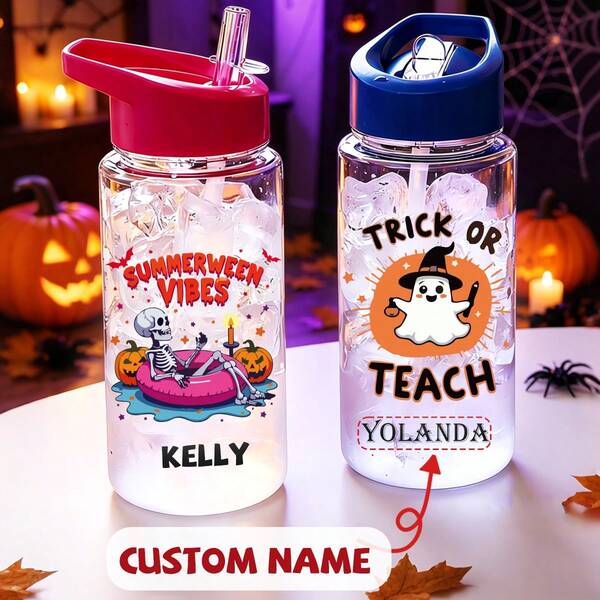 1PC 500ml Personalized Minimalist Halloween Theme Pattern - Customizable Name Plastic Straw Water Bottle, Hand Wash, Lightweight, Round, Suitable For Running And Sports, First Day Of School, Back To School Gift, Halloween Gift, Party, Travel, School Water Bottle, Ideal Gift For Birthday, Graduation, Boys, Girls, Teens