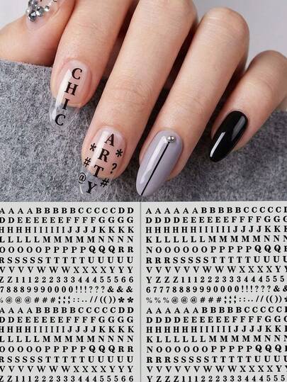 1pc DIY Nail Art Stickers, Black Letter Number Symbol Design, Minimalist Style Nail Supplies, Suitable For Daily Wear, Wedding Season, Music Festival, DIY Nail Art Enthusiasts