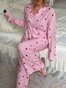 2-Piece Women's Loose, Comfortable, Breathable Long-Sleeved Shirt + Pants Cute Pajama Set - Hot Pink - View 3