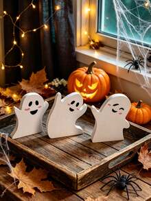 3 Sets Of Halloween Ghost Decorations-Cute Indoor Ghost Decorations,PVC Multi-Layer Tray Decoration Table Cards Set,Halloween Table Decorations For Witches Brooms,Pumpkins,Bats,Suitable For Party,Home Shelves Display,Birthday Gifts,Room Decor - A - View 8