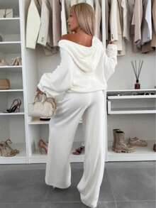 Women's White Loose 2 Pieces Set, Zip-Up Hoodie And Wide Leg Pants, Perfect Autumn Loungewear - White - View 2