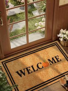 1pc, Autumn Minimalist Pumpkin Welcome Black Frame Pattern Doormat, Seasonal Style Machine Washable Polyester Fiber Mat, Suitable For Indoor, Outdoor, Daily Decoration, All Season Use - Yellow - View 3