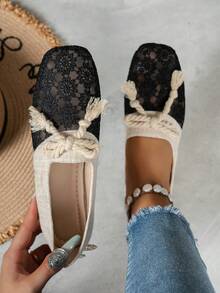 1雙女款花卉刺繡平底鞋，透氣夏季女休閒鞋 - 黑色 - 查看 6