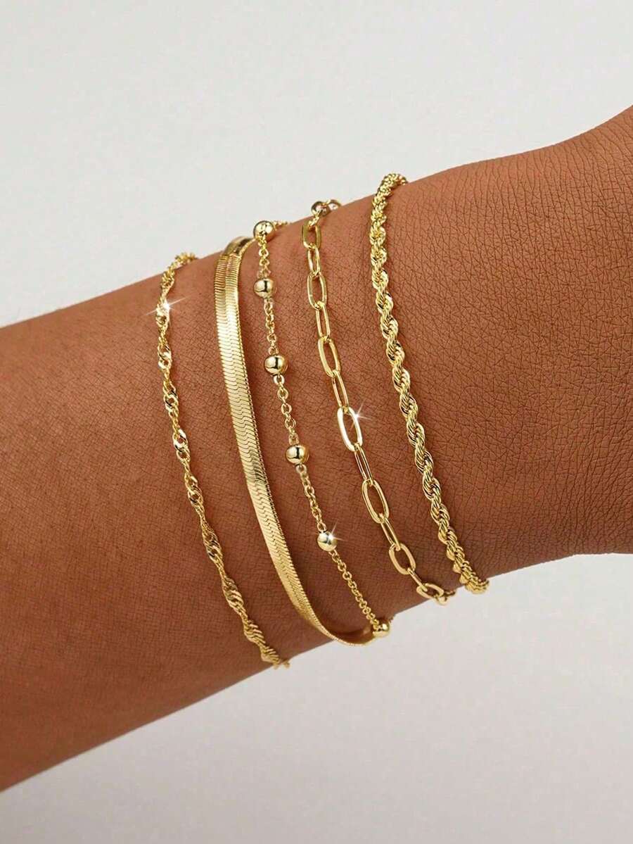5pcs/Set Elegant Stackable Gold Bracelets, Suitable For Women's Daily Wear (Random Bead Quantity, Fixed Length) - Gold - View 1