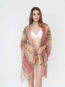 Kimono Pelindung Matahari untuk Penutup Bikini Pantai dengan Motif Geometris - MultiWarna - View 6