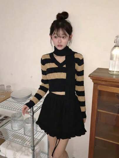 YCYC Striped Cowl Neck Knitted Top Women Autumn/Winter Cable Knit V-Neck Slim Fit Short Sweater