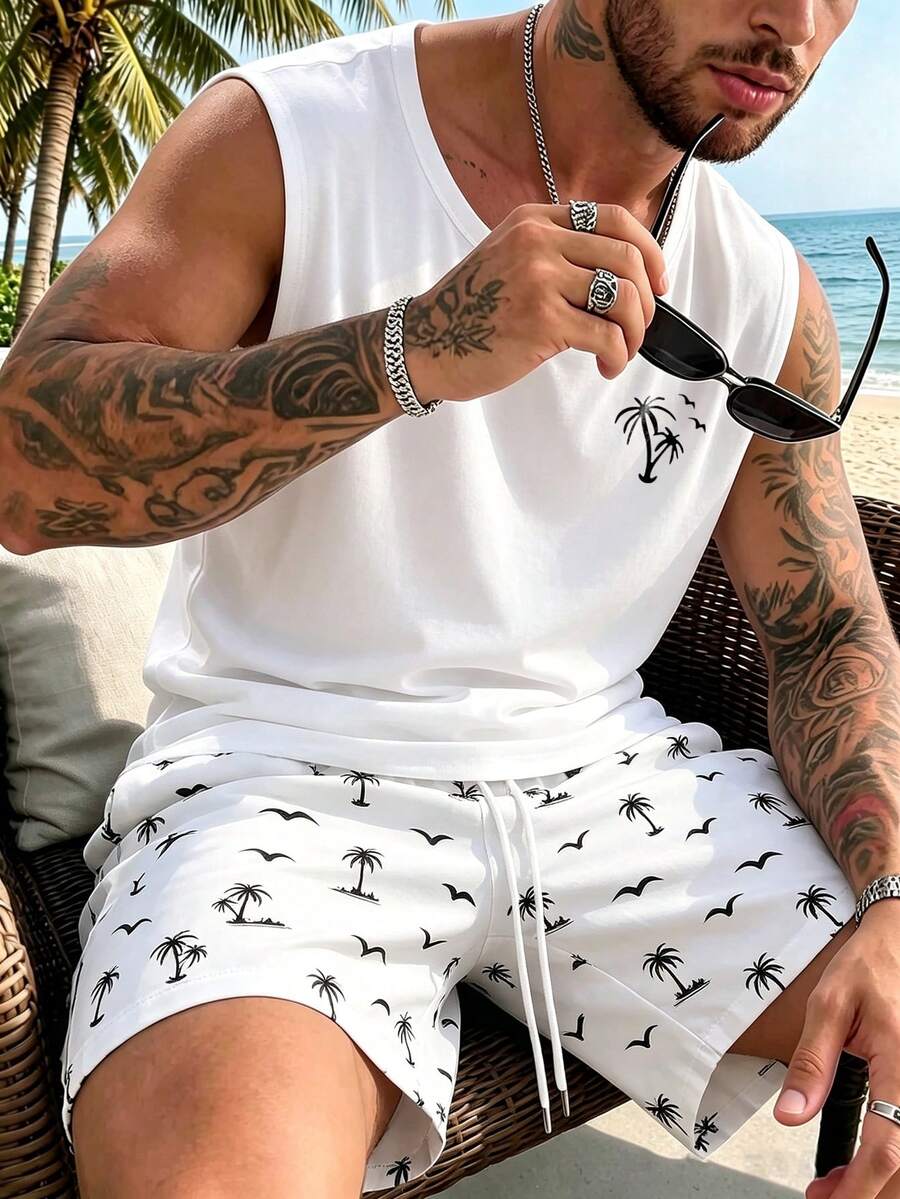男士夏季圓領休閒背心與休閒短褲套裝 - 白色 - 查看 1