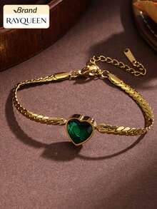 RAYQUEEN "Two Green Heart Zirconia Stainless Steel Necklace + Bracelet Set For Women - Perfect Holiday Gift" - Green - View 7