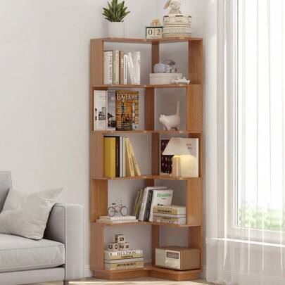 6 Tier L Shaped Corner Bookshelf, Freestanding Wood Display Rack With Anti Tipping Kit And Side Panels, Open Storage Organizer For Living Room Bedroom Home Office, Dark Oak Finish-XY874600