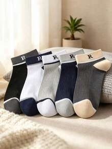 5 pares de calcetines cortos unisex con letra R, bloques de color, transpirables, casuales y deportivos - Multicolor - Ver 1