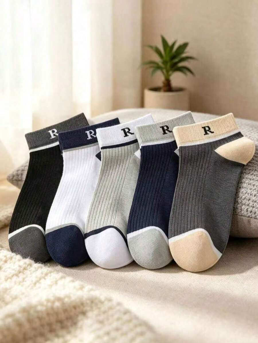 5 pares de calcetines cortos unisex con letra R, bloques de color, transpirables, casuales y deportivos - Multicolor - Ver 1