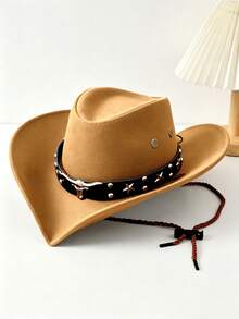 1. A Retro Western Cowboy Hat, Suitable For Both Men And Women. Decorated With Star-Shaped Rivets On The Cow's Head. A Suede Wide-Brimmed Women's Ride - Black Leather Star Foldable Cowboy Hat - View 7