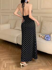 abyoxi 女款黑白波點優雅休閒度假性感細肩帶露背綁帶修身洋裝，適合海灘派對、婚禮賓客、畢業季，春夏穿著 - 黑色 - 查看 2