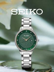 Seiko 女款精緻綠色錶盤石英手錶 水晶錶圈 不鏽鋼錶帶 適合辦公室專業造型 晚宴派對 週年禮物 - 綠色 - 查看 1