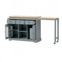 Kitchen Island On Wheels, Kitchen Island With Retractable Dining Space, Spice Rack And Drawers, Mobile Freestanding Kitchen Island, Ideal For Kitchen And Dining Room (Grey) - 灰色 - 查看 1