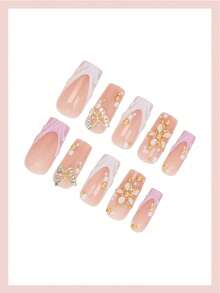 12pcs Long Square 3D Gel Press-On Nails, Pearl Embellished, Floral & French Styles, Perfect Fit For Fingertips - Multicolor - View 3