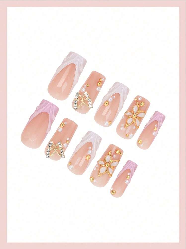 12片長方型3D凝膠穿戴甲，珍珠裝飾，花卉與法式風格，完美貼合指尖 - 彩色 - 查看 3
