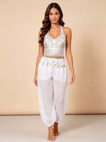 Professional Belly Dance Rhinestone Fringe Halter Crop Top, Elastic Waist Dot Mesh Harem Pants For Dance Training, Gala Shows And Competitions - Multicolor - View 16