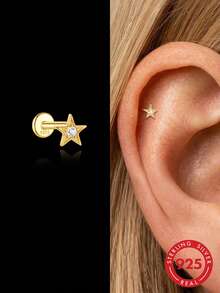 1Pc 925 Sterling Silver Earrings For Women Classic Hypoallergenic Star Stud Earring Flat Back Helix Cartilage For Daily Wear Wedding Engagement - Gold - View 1