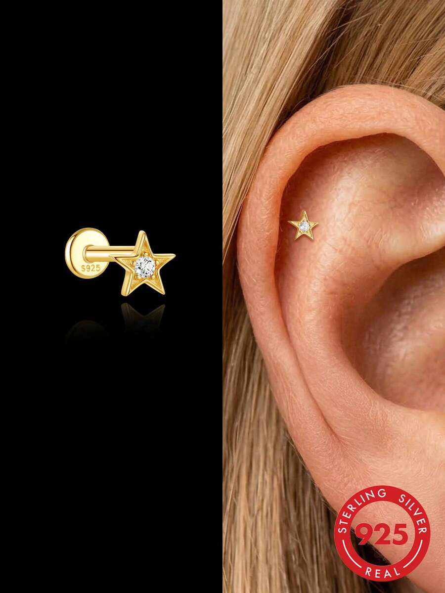 1Pc 925 Sterling Silver Earrings For Women Classic Hypoallergenic Star Stud Earring Flat Back Helix Cartilage For Daily Wear Wedding Engagement - Gold - View 1