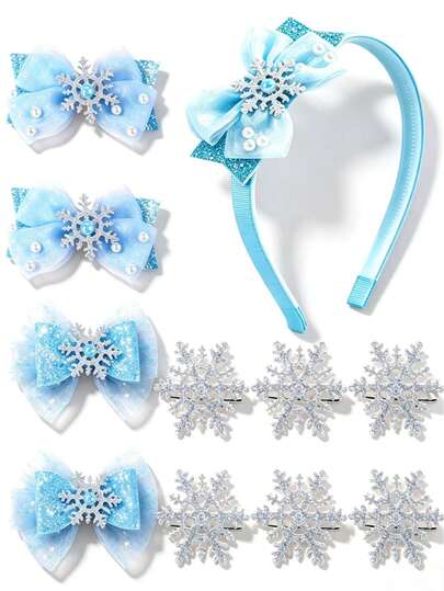 11pcs Ice & Snow Style Bow Headband And Snowflake Hair Clip Set, Children's Snowflake Hair Accessories, Girls Hair Decor, Suitable For Cosplay, Holiday Wear, Great Gift Choice