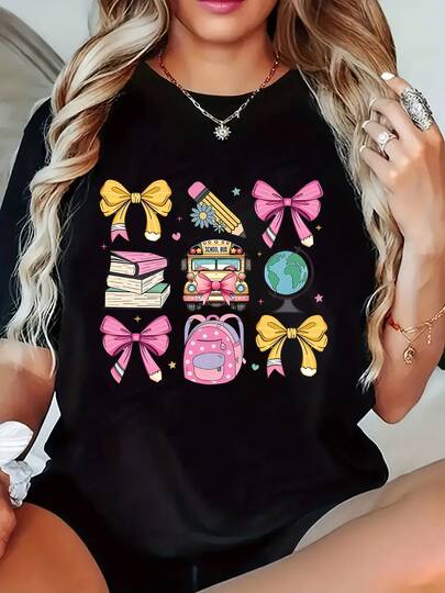 Women's T-Shirt School Supplies And Bows Pattern Tee Back To School Casual Wear 220g