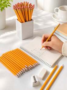 50Pcs Random Color Wooden Pencils With Erasers, HB Pencils For Students, Writing, Drawing, Office Supplies, Stationery, Back To School, Graduation Season - Multiple Styles - View 10