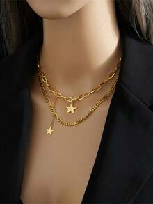 RAYQUEEN 1pc Fashion Minimalist Multi-Layer Vintage Stacked Metal Stainless Steel Five-Point Star Pendant Collarbone Necklace, Suitable For Daily Wear - Gold - View 2