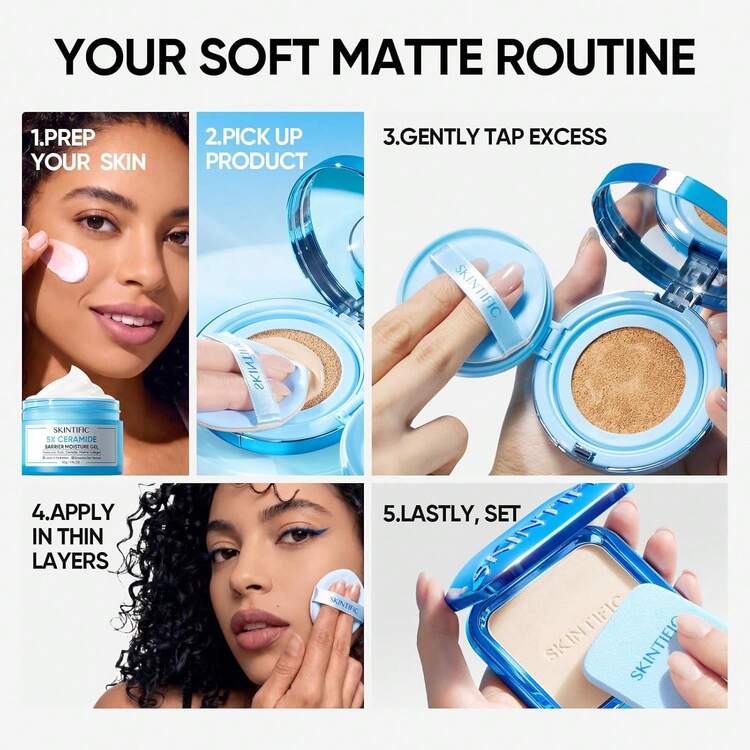 SKINTIFIC Blue Velvet Matte Cushion Foundation, Cakupan Penuh, Kontrol Minyak 12 Jam, Cocok untuk Kulit Berminyak dan Kombinasi, Tahan Air, Tahan Lama, Ringan, Melembapkan, Tidak Luntur - 2CN Gading Dingin - View 8