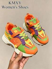 2026 New Women's Sports Shoes Thick Sole Chunky Heel Sneakers Spring/Summer Height Increasing Black & White Colorway Breathable Mesh Patchwork - Orange-red - View 2