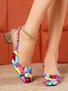 2026 New Women's Retro Color Block Graffiti Print Square Toe Slingback Sandals, Comfortable Metal 4.5cm Chunky Heel Closed Toe Sandals, European And American Style Party Date Versatile Fashion Shoes - Multicolor - View 4