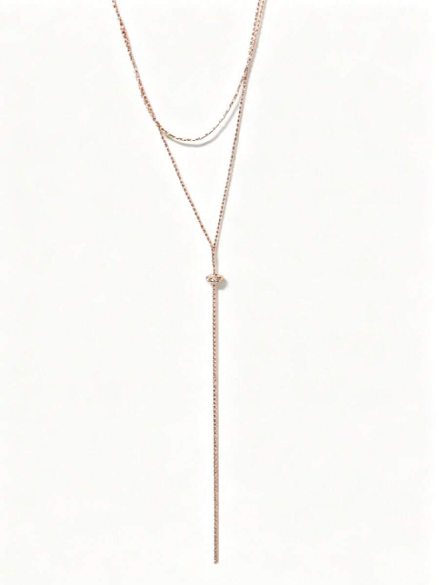 Collar Lariat Y de Doble Capa en Oro Rosa, Collar de Cadena Larga con Gota de Cristal Pequeño Minimalista, Joyería de Cuello con Borla Ajustable y Delicada de Capas para Mujeres - Multicolor - Ver 1