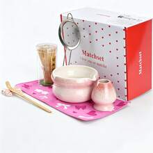 4 peças/5 peças/7 peças/8 peças Conjunto de Chá Matcha Degradê Rosa, Tigela de Matcha Estilo Japonês com Bico, Conjunto Completo com Batedor de Chá de Bambu e Peneira, Presente para Cerimônia do Chá, Conjunto de Presente para o Dia dos Namorados - Rosa chiclete - Visão 8