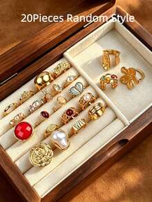 Set de 20/13/6 piezas de anillos vintage elegantes bohemios para mujer, joyería de dedo con gemas de colores irregulares y piedra de ojo de gato, para uso diario, fiesta, vacaciones y regalo - Dorado - Ver 15