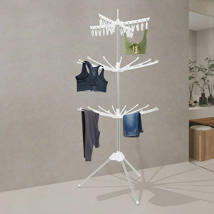 Étendoir pliable, étendoir à trois niveaux, étendoir rotatif, blanc - / - Voir 1