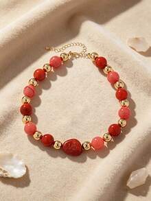 1pc Exaggerated Resin Red Round Beads Asymmetrical Faux Stone Choker Necklace Women's Beaded Collarbone Chain - Bead Necklace - View 4