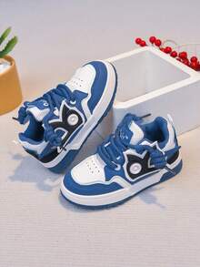 1 Pair Back-To-School Essential Casual Two-Tone Patchwork Hip-Hop Thick Sole Sports Sneakers Streetwear Lace-Up Skate Shoes Non-Slip - Blue - View 3