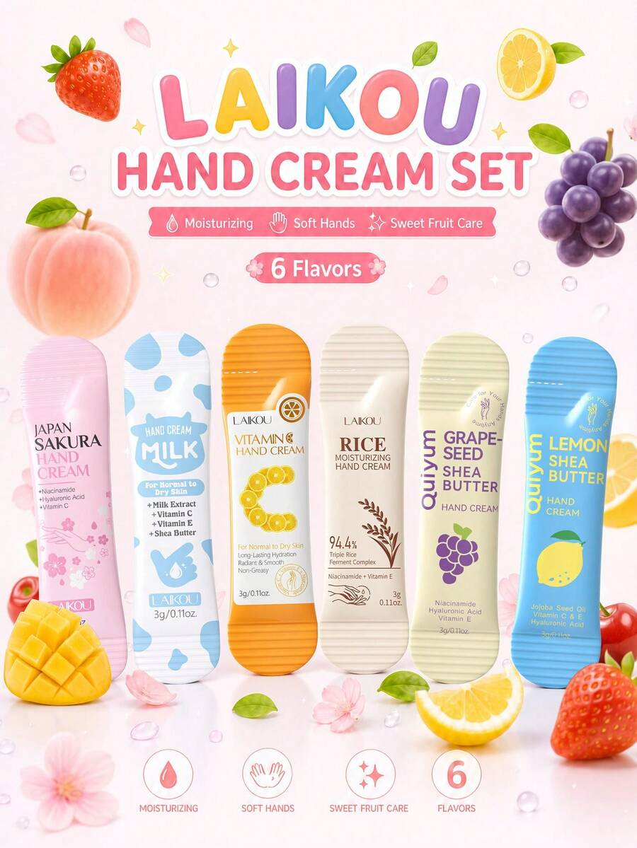 Krim Tangan Mini LAIKOU 6pcs dengan Aroma Buah-buahan, Melembapkan, Melembutkan, dan Menutrisi Secara Mendalam, Set Krim Tangan Stik Portabel untuk Perlindungan Halus, Perawatan Kulit Saku untuk Perjalanan Sehari-hari, Seri Perawatan Pelembap Populer untuk Tangan Kering dan Kasar - 6 buah - View 1