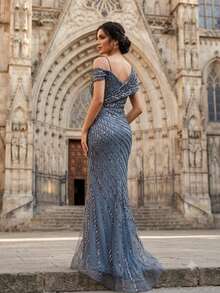 Elegant Women's Knitted Long Formal Dress, Asymmetrical Neckline, Embroidered Flared Skirt, Suitable For Evening Occasions - Gray Blue - View 2