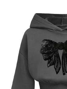 Youth Girl Bow Pattern Warm Hooded Sweatshirt And Flared Casual Pants - Dark Grey - View 3