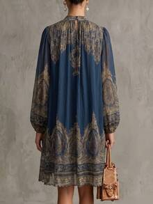 Vintage Paisley Print High Neck Long Sleeve Asymmetric Mini Dress, Autumn Style - Blue - View 7