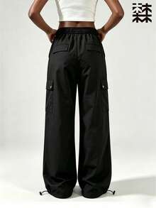mulinsen Women's Elastic Waist Multi-Pocket Cargo Pants, Loose Wide Leg Drawstring Hem Casual Streetwear Long Pants - Black - View 2