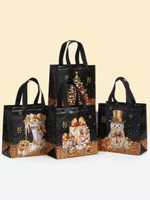 4pcs/1pc Black Christmas Gift Bags With Handles, Christmas Tree And Snowman Pattern, Portable Party Gift Bags, Non-Woven Fabric Shopping Bags, Suitable For Christmas And Daily Use - One Size Fits All - View 2