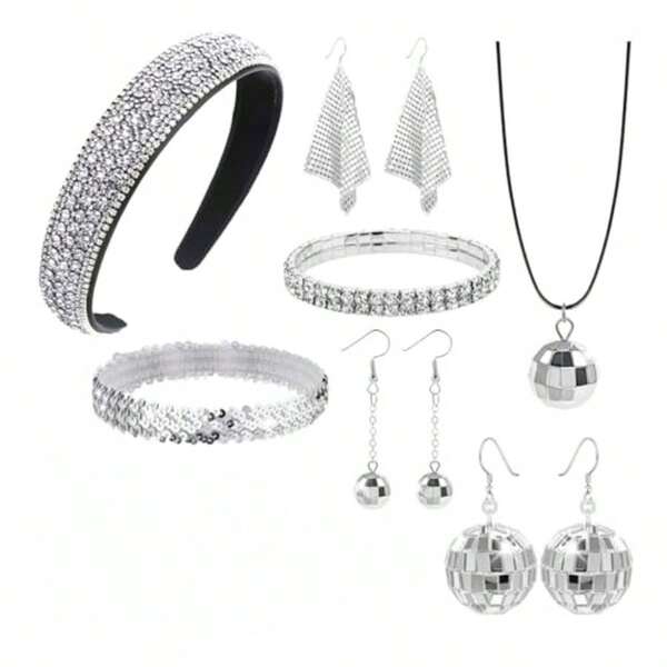 7pcs 70s Women Disco Accessories, Women Disco Costume Jewelry Set, Pearl Headband, Sequin Scarf, Earrings, Headband, Pearl Bracelet, Disco Ball Earrings, Necklace