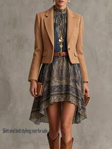 Vintage Paisley Print High Neck Long Sleeve Asymmetric Mini Dress, Autumn Style - Blue - View 5