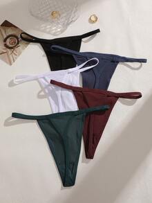 5件組女款多色直條紋細腰帶低腰性感丁字褲 - 彩色 - 查看 4