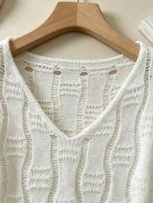 Casual Loose Thin Solid Color Minimalist Versatile Hollow Out Long Sleeve Knit Top - White - View 3