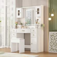 105 * 152 * 40 Cm Dressing Table/Vanity In A Modern, Minimalist Style / High-Quality Vanity Made Of Chipboard / With Adjustable LED Lighting And Power Outlet / Equipped With 6 Drawers And 4 Doors / Suitable For The Bedroom / White - 白色 - 查看 7