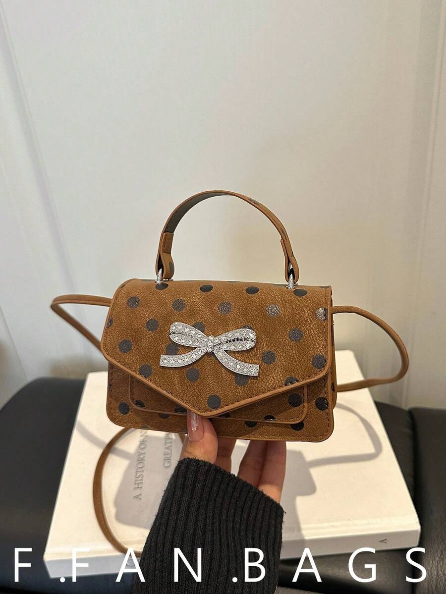 Bowknot Vintage Solid Color Polka Dot Versatile New Small Square Bag Women Elegant Personalized Mini Premium Crossbody Bag - Brown - View 1