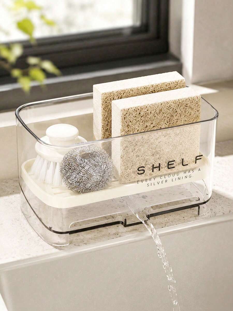 1pc Transparent Self-Draining Sink Organizer Rack With Detachable Tray Sponge Holder, Suitable For Kitchen Countertop, Used For Storing Sponges, Brushes, Scrubbers, Soap And Other Kitchen Sink Accessories, Bathroom Accessories